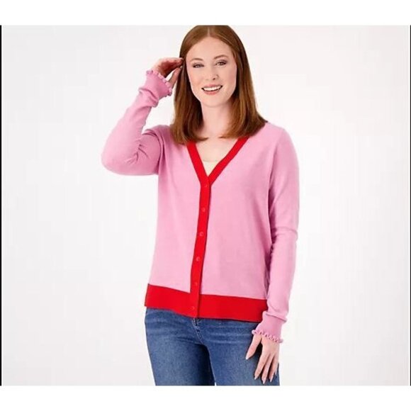 Candace Cameron Bure V Neck Long Sleeve Cardigan Womens Size Medium Pink AC8 - Picture 1 of 7